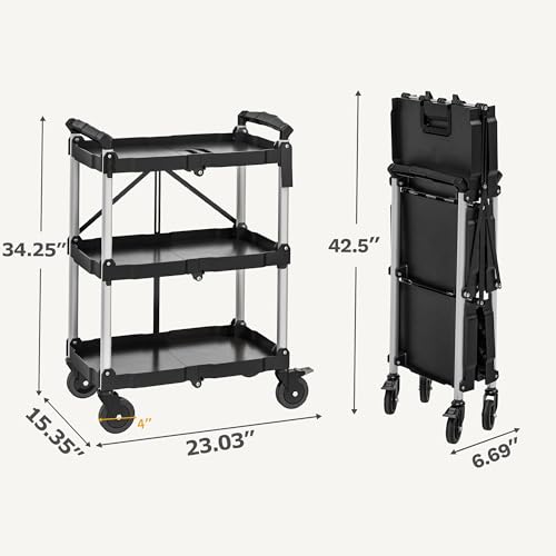 Image of DWVO 3-Tier Foldable Service Cart with Swivel Wheels & Brake, 350LBS | Folding Utility Cart Heavy Duty Collapsible Rolling Cart, 350LBS Portable Utility Cart for Kitchen, Warehouse, Garage