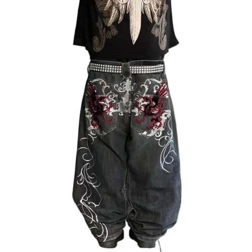 Men's Jeans with Gothic Embroidered Print, Loose Wide Leg Casual Straight Leg Versatile Wide Leg Pants