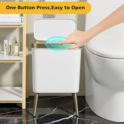Image of Bathroom Trash Can with Lid, 4 Gallon Modern Garbage Can with Removable Legs, Plastic Garbage Bin, Slim White and Gold Trashcans for Bedroom, Living Room, Office, Kitchen