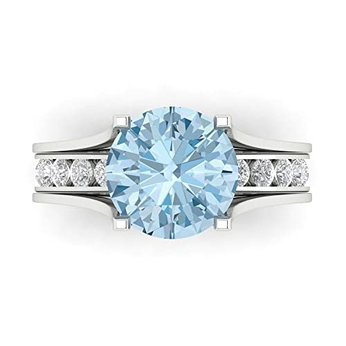 3.39 ct Round Cut Natural Aquamarine 14k White Gold Solitaire with Accents Wedding Bridal Engagement Promise Ring Band Set