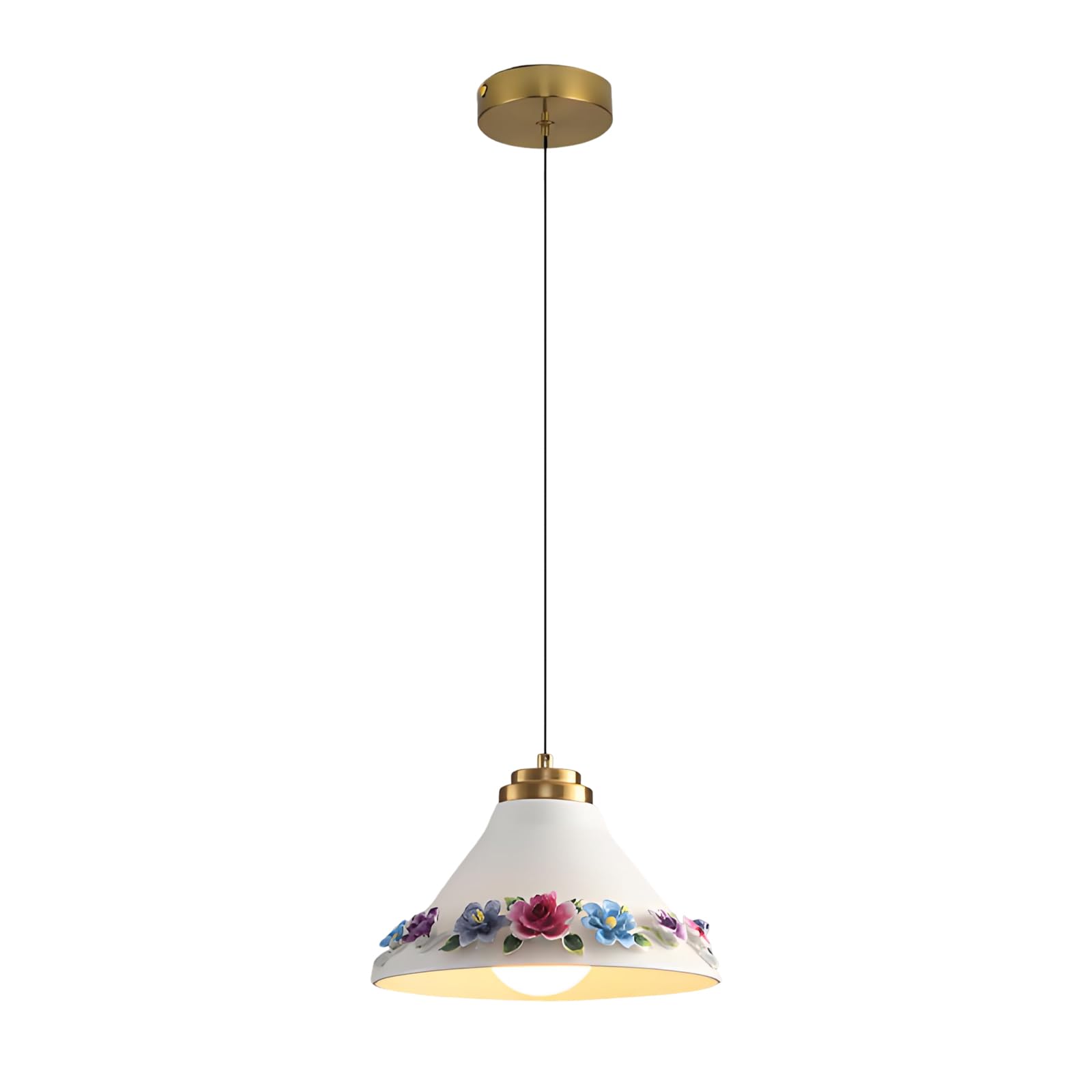 YNVIOZM Mid Century Ceramic Pendant Light Modern White Hanging Lamp with Floral Decor, Contemporary Ceramic Hanging Ceiling Lighting Fixture for Kitchen Island Dining Room Living Room