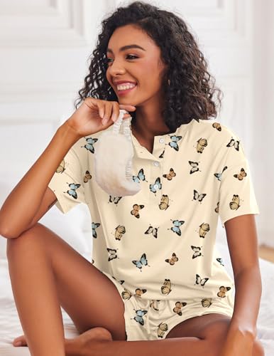 Image of Ekouaer Pajamas Set for Women Short Sleeve Lounge Set 2 Piece Loungewear PJs Soft Cute Lightweight Sleepwear
