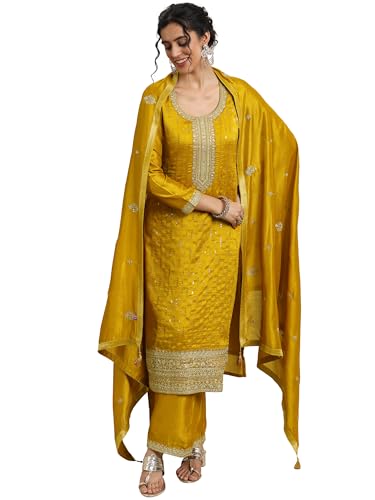 Image of Libas Embellished Silk Blend A-Line Kurta With Palazzo and Dupatta