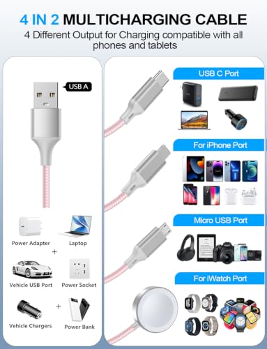 Image of Multi Charging Cable for Apple Watch Charger /iPhone /Samsung Charger,Type C /Lightning /iWatch /Micro Charger Cord for iWatch Ultra /10-2 /iPhone /Galaxy /Airpods,Travel Essentials[1.2M]-Pink