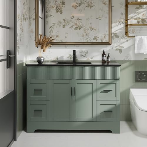 Image of eclife 48 inch Bathroom Vanities Sink Combo with Painted Surface, Modern Drawered Cabinet W /Decorative Wave Lines, Undermount Single Black Sink, Matte Black Faucet Drain, Gray Green