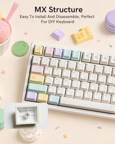 Image of Cute Ice Cream PBT Keycap Set, Cherry Profile, Dye-Sub, 143 Keys, Macaron Pastel Keycap for MX Switches Mechanical Keyboard, Compatible with 60%, 65%, 75%, 96%, Full-Sized Layout