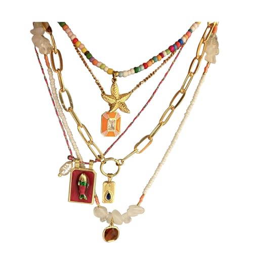 Pendant Necklace Set Bohemian Style Beaded Fish Star 5 Layered Collarbone Chain, Handcraft Jewelry Accessory for Vacation Party Daily Accessories