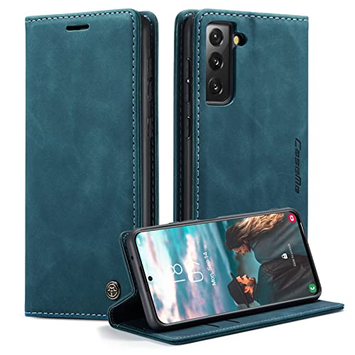 caseme Funda para Samsung Galaxy S21 FE 5G Carcasa PU Cuero Flip Magnético Protección Fundas Móvil de Tapa Libro para Samsung Galaxy S21 FE 5G - Azul-Verde