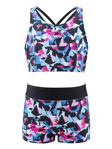TiaoBug Girls' Kids 2-Piece Active Set Dance Sport Outfits Racer Back Top and Booty Short Gymnastics Dancing Clothes Colorful 12 Years