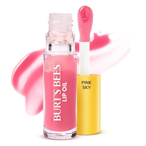 Burts Bees Lip Oil Pink Sky Instant Hydration Nourishes and Softens Lips Sheer Wash of Color High Shine Finish Responsibly Sourced Jojoba Oil Non Sticky Wand Applicator 0.15 Ounce