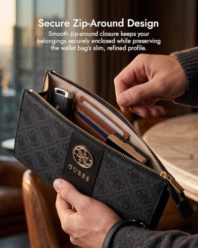Image of CG MOBILE Guess Phone Wallet Bag Officially Licensed, PU Leather with Middle Stripe, 4G Metal Round & Classic Logo & Strap | Phone Pouch with Crossbody Strap, Protective Phone Holder for Unisex