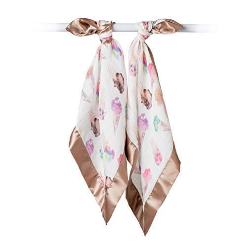 Lulujo Baby Security Lovey Blankets| Unisex Softest Breathable Bamboo Cotton Muslin Security Blanket With Silky Satin Trim| Neutral Comforting Blanket For Girls & Boys | 16In By 16 In| Ice Cream #TOP1