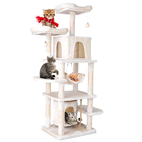 Arbre à Chat 170cm, Arbre à Chat XXL avec Hamac, 2 Niches, 2 Pompons, 2 Plateformes, Griffoirs en Sisal, Arbre à Chat Stable, Anti-Renversé, Beige Cover