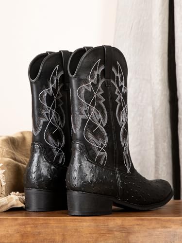 Image of Western cowboy boots, ostrich leather, embroidered design, brown, mid-calf, men's antique ostrich embossed exotic western boots round head.