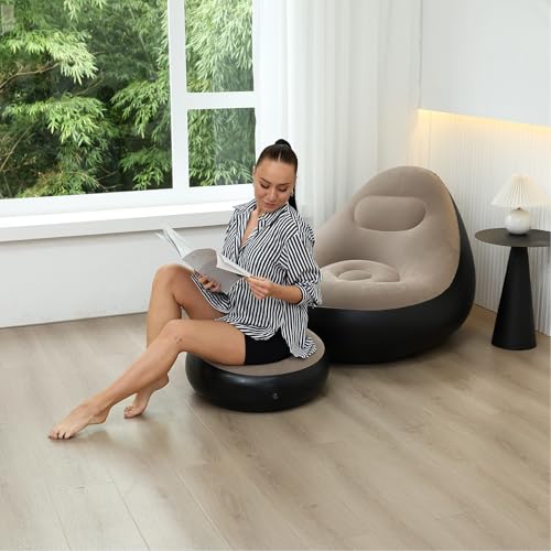 Image of Inflatable Air Sofa Chair with Ottoman Set, Comfortable Lounge Seat, Beige and Black, Indoor Use
