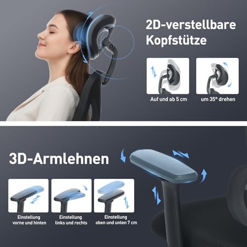 Bild 4 - COLAMY Ergonomischer Bürostuhl – Bequemer Schreibtischstuhl mit 9,5 cm Sitzpolster, 3D-Armlehnen, Verstellbarer Kopfstütze, für Büro, Homeoffice & Studium, Schwarz
