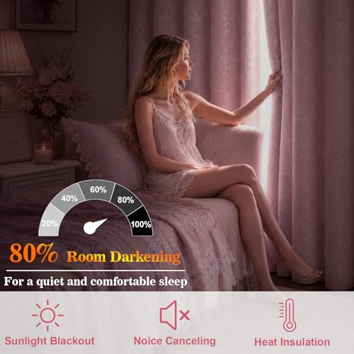 Image of Yinhua Pink Blackout Curtains Double Layer Curtains for Bedroom 84 Inch Length Nursery Curtain for Living Room, Grommet Drapes with Tiebacks, 2 Panels, 52 inch W x 84 inch L