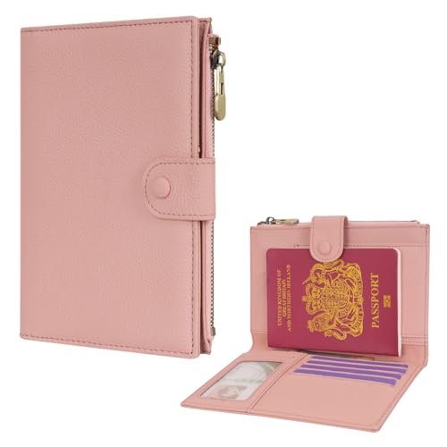 WASON Reisepasshülle RFID blockierende aus Leder, Passhülle mit Reißverschlussfach für Ausweis, Bordkarte, Ticket, Bargeld, SD-Karte und Reiseutensilien für Männer(Rosa)