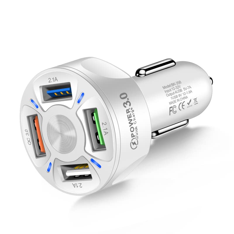 Gzar 4 Port USB Car Charger Adapter with LED Light,Quick Charge with Type C/PD 20W/QC 3.0 Fast Charging & Cigarette Lighter Adapter for iPhone 14/13/12/11 Pro Max, S23/22/21 iPad & More (White)