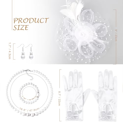 Image of DRESHOW Fascinators Hats for Women Tea Party Gloves Set Tulle Fascinators Vintage Derby Headwear and Short Lace Gloves for Cocktail Wedding Church