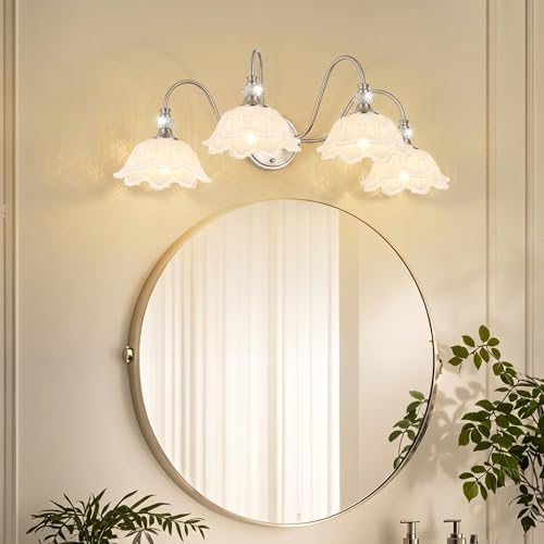 Image of Brushed Nickel Bathroom Vanity Light, 4-Light Vanity Light with Floral White Glass Shades, Brushed Nickel Wall Mount Lighting for Bathroom, Dressing Table