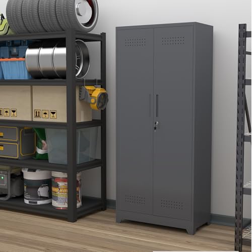 Sweiko Armoire de Rangement avec Porte verrouillable et étagères, Meuble d'appoint en métal de 165 cm de Haut, équipé d'une Tringle et de Crochets en S (Grey, 165 * 60 * 40 cm)