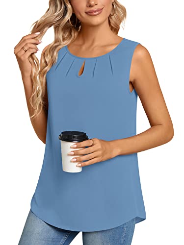 Syoss Women's Dressy Casual Summer Chiffon Blouses Round Neck Pleated Keyhole Tank Tops Sleeveless Loose T Shirts Xxl, 1-Blue #TOP5