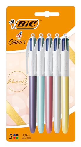 BIC 4 Couleurs Pearl Stylo-Bille Pointe Moyenne (1,0 mm) - Couleurs Assorties, Blister de 5