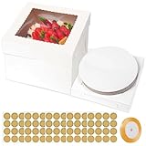 Tortenbox Tortenkarton Hoch 26 × 26 × 22cm 5Stk Kuchenbox mit Sichtfenster + 5 Cake Board, 1Band &5 Aufklebern, Tortenschachtel Kuchen Karton Transport Cake Box Torten Verpackung Weiß Kuchenbehälter