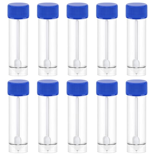 Angoily 25-30ml Stool Sample Container, 10 PCS 1 Oz Plastic Stool Cups with Spoon Lid, Vet Urine Cups Collection Kit Without Label Laboratory for Pet Dogs Puppies Chickens Horse Test Worms