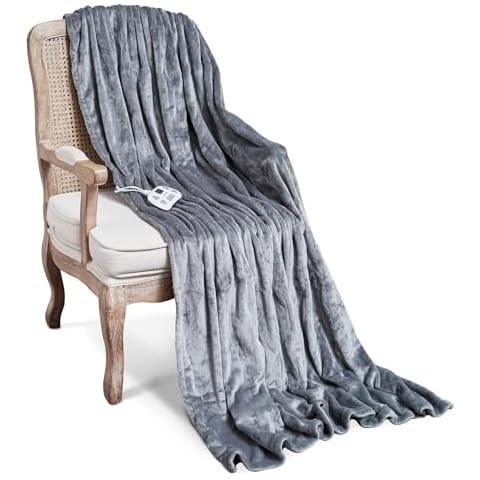 PiPiMAMA Electric Heated Blanket Twin Size Flannel Heating Blanket with 10 Fast Heating Level, 12 Hours Auto-Off, Machine Wash (Gray, 62"x84") Cover