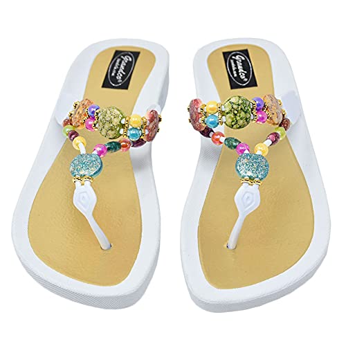 Grandco Women's 24768G Marble Deluxe Beaded Waterproof Molded Sole Beach Thong Sandals Boat Shoe, White, 7 #TOP4