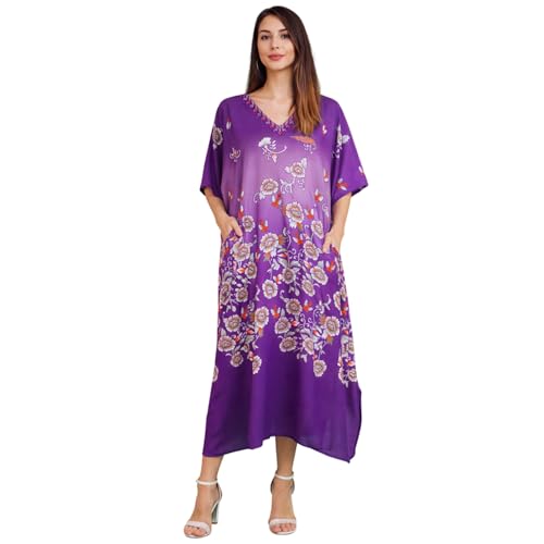 Image of Miss Lavish London Women's Purple Floral Kaftan Dress with Pockets, V Neck Maxi Beach Cover Up, Short Sleeve Batwing Caftan with Side Slits, Plus Size Swimsuit Coverup-Purple-M