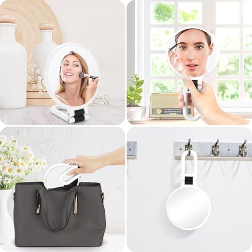 Image of BANIRA Handheld Mirror, Double-Sided Magnification (1x & 15x), Foldable Handle, White Finish, 13.5 cm x 2, Tabletop Mount, Perfect for Makeup & Grooming