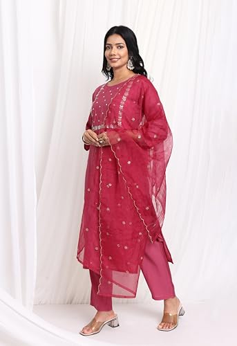 Image of Kaari Women's Hand Embroidered Kurta Set with Dupatta - Straight Fit | Silk Blend Fabric with Dabka Work | Sequin Work Organza Dupatta | Straight Pant with Side Pocket | Kurta Set For Women