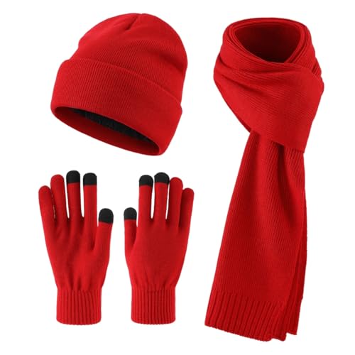 Image of Magracy Winter Beanie Hat Scarf Gloves Set for Men 3 Pieces Thermal Warm Knitted Beanie Cap Long Scarf TouchScreen Gloves Outdoor Cold Weather Set Red