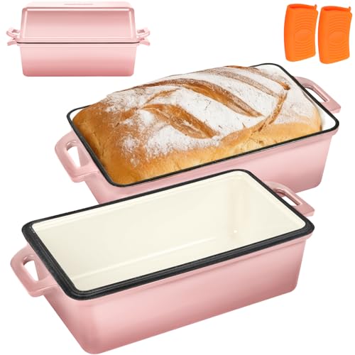 Wildone Enameled Cast Iron Bread Loaf Pan with Lid 9x5 Sourdough Baking Pans for Homemade Bread Cake Meatloaf Even Heating Bread Pans 2-Piece Set Pink