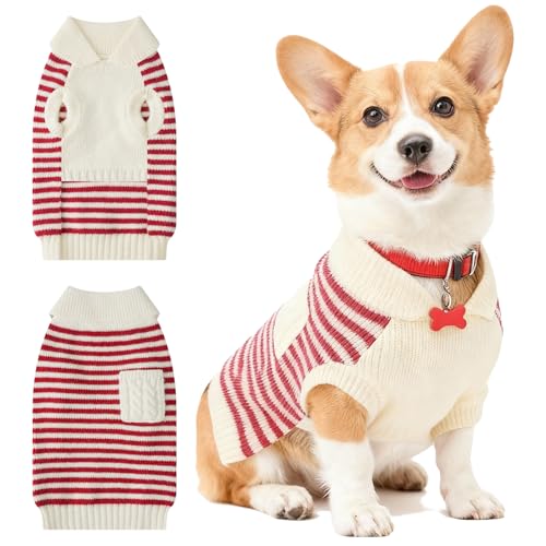 Image of Small Dog Sweater, Knitted Striped Pullover Dog Clothes for Cold Weather, Thick Warm Cozy Stretchy Sweater for Chihuahua, Bulldog, Dachshund, Pug(Red & White Strip, L)