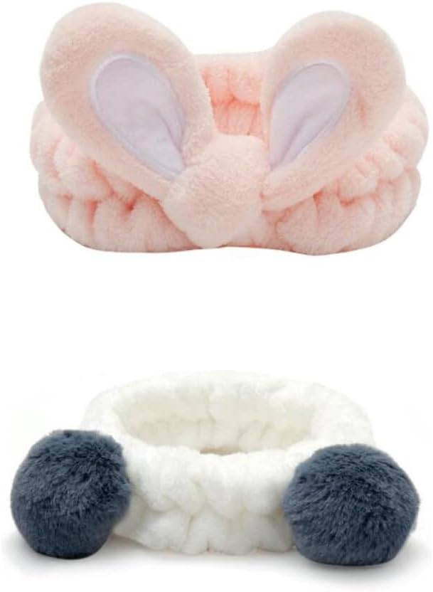 Cute Antlers Mask Wash Headband Animal Ears Headband Fluffy Ball Soft Coral Velvet Elastic Hairband Suitable For Women's Face Wash Cosmetics Headwear (White)