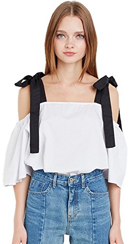 Sexy Cold Open Shoulder 3/4 Sleeve Bell Sleeve Blouse Shirt Top White Black Colorblock L