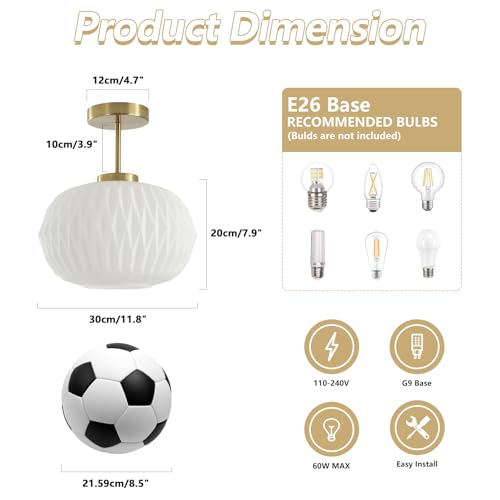Image of Semi Flush Mount Ceiling Light Fixture Gold Brass Ceiling Light with White Striation Glass Shade Mid Century Modern Ceiling Light for Hallway Living Room Bedroom