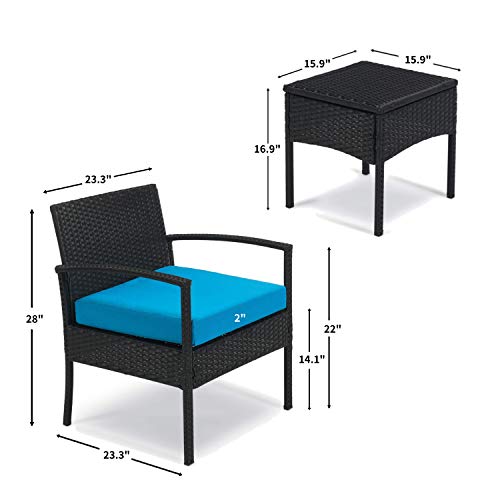 Leasbar Outdoor Chairs Set Bistro Set 3 Pieces Patio Conversation Set Furniture Set For Small Balcony Rattan Chairs And Table With Cushions Blue #TOP4