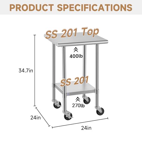 Image of ROCKPOINT All Stainless Steel Prep Table with Caster 24x24 Inch, Commercial Heavy Duty Workbench with Stainless Legs & Adjustable Undershelf, 670 lb Capacity for Outdoor Kitchens with Wheel