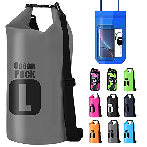 ShyaWorld Bolsa Mochila Impermeable Estanca Seca. litros Diferentes de Capacidad. Funda de Móvil Impermeable Estanca Hermética Incluida. para Playa Kayak Surf Montaña y Mucho más (Gris, 10L)
