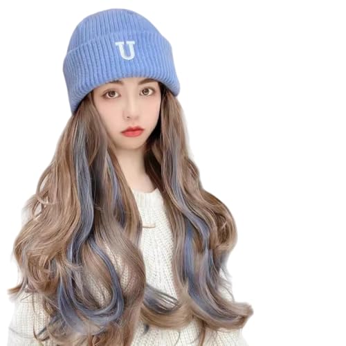 XZDUIMBCU 2-in-1 Winter Knit Beanie Wig Women's Long Wavy Hair