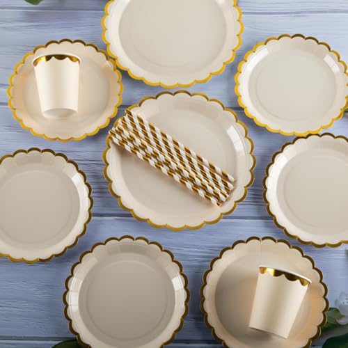 125PCS Beige Party Tableware Set - Beige & Foil Gold Scalloped Paper Plates, Cups, Napkins, Straws for 25 Guests, Party Supplies for Birthday, Picnic, Wedding, Baby Shower - Image 7