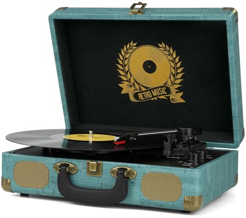 Record Player Vintage 3-Speed Bluetooth Vinyl Turntable with Stereo Speaker, Belt Driven Suitcase Vinyl Record Player,Military Green