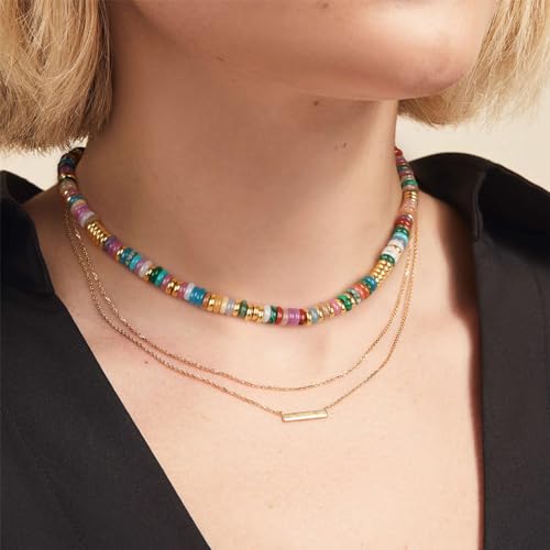 Beaded Necklace for Women, Colorful Boho Beach Handmade Bead Choker, 14K Gold Plated Stackable Bohemian Multicolor Natural Stone Necklace4