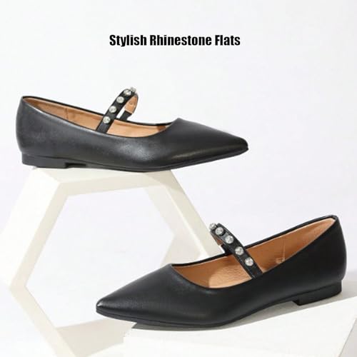 Women's Leather Rhinestones Strappy Flat Pumps Casual Pointed Toe Comfortable Slip On Walking Mary Jane Shoes for Commuting Work Daily2