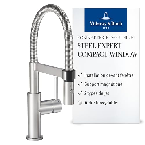 Villeroy & Boch Steel Expert Compact Window robinetterie cuisine, haute pression avec possibilité d’installation devant une fenêtre et douchette magnét., flux laminaire, hteur bec 147 mm, Acier inox.